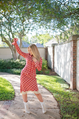 Red Plaid Set Midi Skirt | Select Trends Boutique