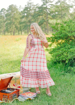 Red Plaid Shoulder Tie Maxi Dress | Select Trends Boutique