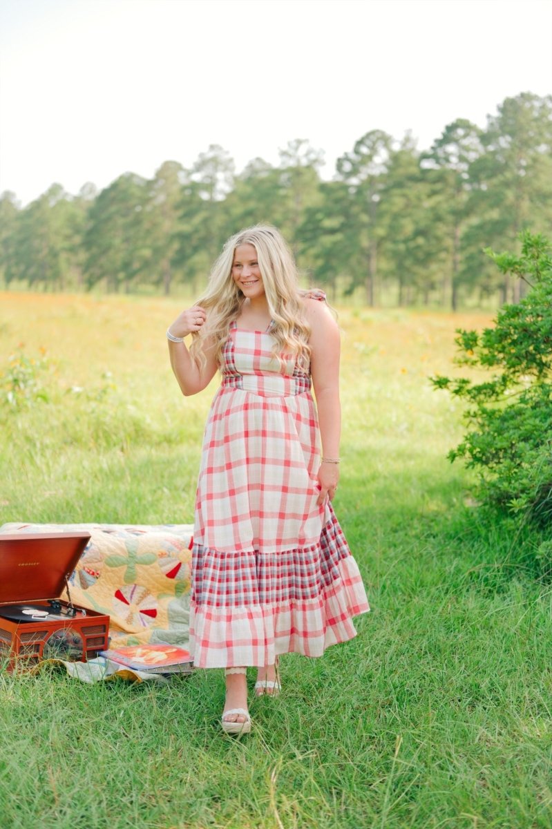Red Plaid Shoulder Tie Maxi Dress