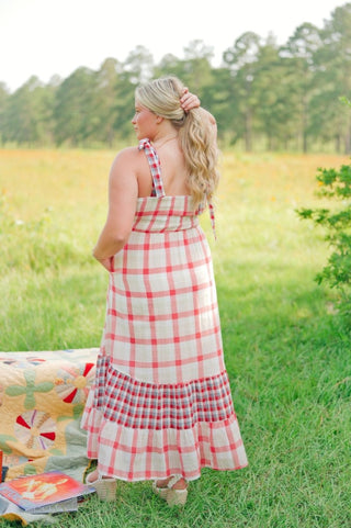 Red Plaid Shoulder Tie Maxi Dress | Select Trends Boutique