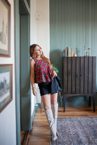 Red Plaid Sleeveless Babydoll Top