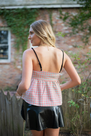 Red Plaid Tweed Babydoll Top
