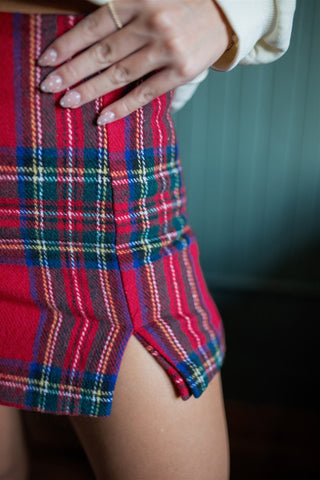 red plaid wool mini skort small slit detail