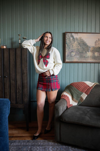 red plaid wool mini skort from a distance