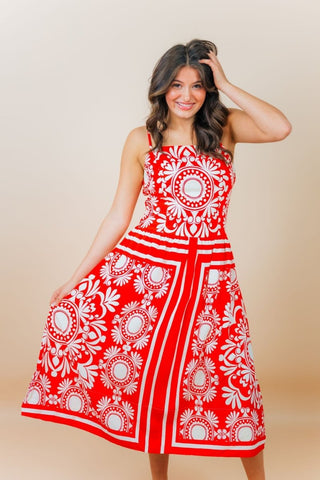 Red Print Sleeveless Midi Dress | Select Trends Boutique