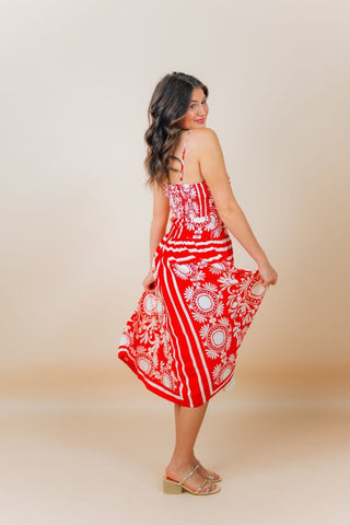 Red Print Sleeveless Midi Dress | Select Trends Boutique