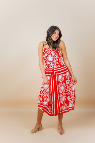 Red Print Sleeveless Midi Dress | Select Trends Boutique