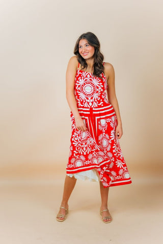 Red Print Sleeveless Midi Dress | Select Trends Boutique