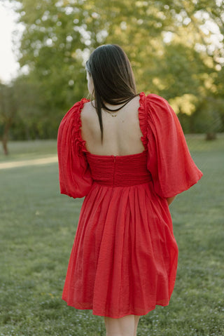 Red Puff Sleeve Smocked Mini Dress