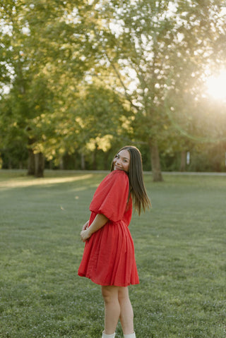 Red Puff Sleeve Smocked Mini Dress