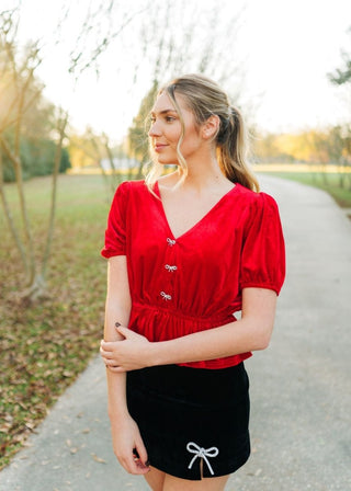 Red Rhinestone Bow Front Velvet Blouse - Select Trends Boutique