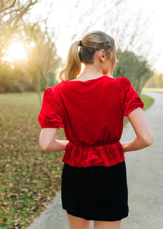 Red Rhinestone Bow Front Velvet Blouse - Select Trends Boutique