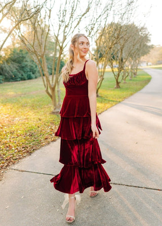 Red Ruffle Tiered Velvet Maxi Dress - Select Trends Boutique