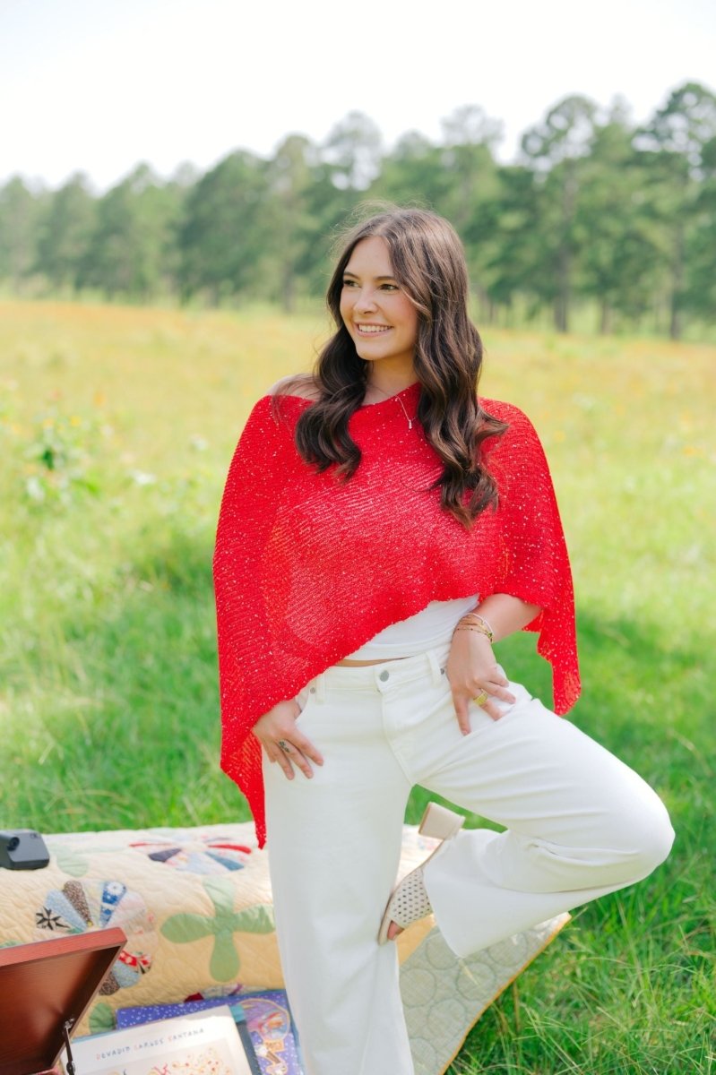 Red Sequin Detail Poncho Top