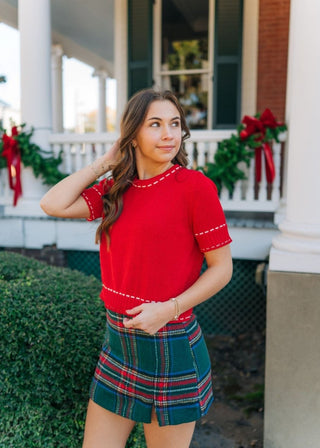 Red Stitch Detail Short Sleeve Top | Select Trends Boutique