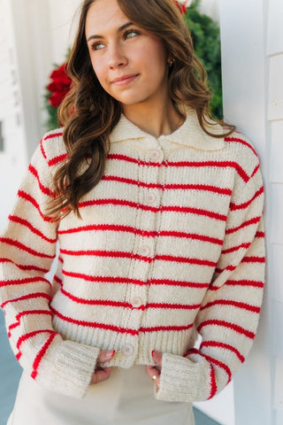 Red Striped Button Front Collar Sweater - Select Trends Boutique