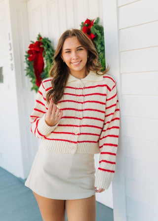 Red Striped Button Front Collar Sweater - Select Trends Boutique