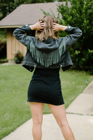 Rhinestone Charcoal Denim Jacket | Select Trends Boutique