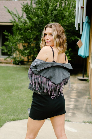 Rhinestone Charcoal Denim Jacket | Select Trends Boutique