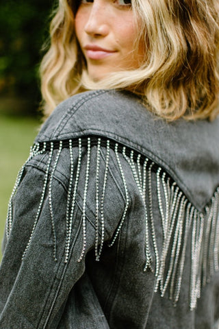 Rhinestone Charcoal Denim Jacket | Select Trends Boutique