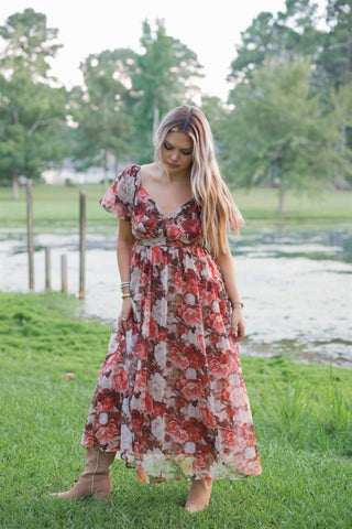 Rust Floral Puff Sleeve Midi Dress | Select Trends Boutique