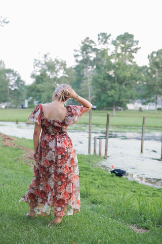 Rust Floral Puff Sleeve Midi Dress - Select Trends Boutique