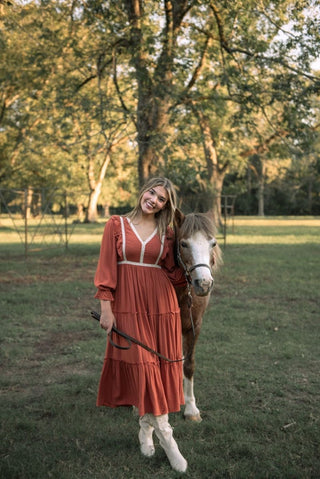 Rust Lace Detail Tiered Maxi Dress | Select Trends Boutique