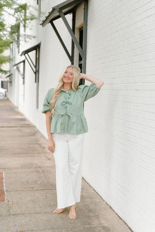 Sage Bow Front Peplum Blouse | Select Trends Boutique