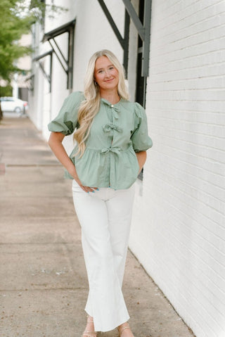 Sage Bow Front Peplum Blouse | Select Trends Boutique