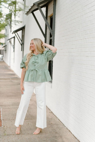 Sage Bow Front Peplum Blouse | Select Trends Boutique