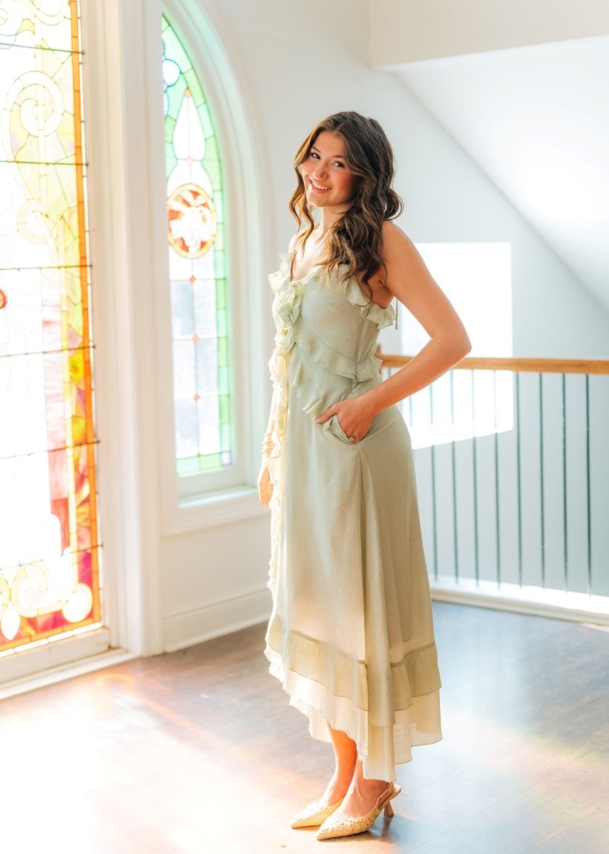 Sage Green Ruffle Midi Dress