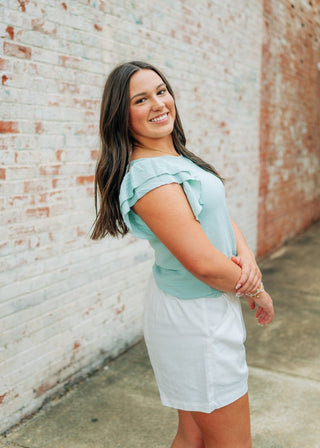 Sage Green Ruffle Short Sleeve Blouse