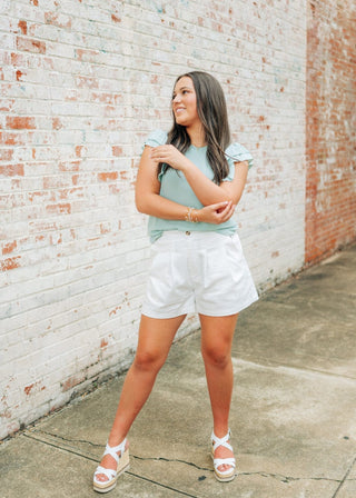 Sage Green Ruffle Short Sleeve Blouse