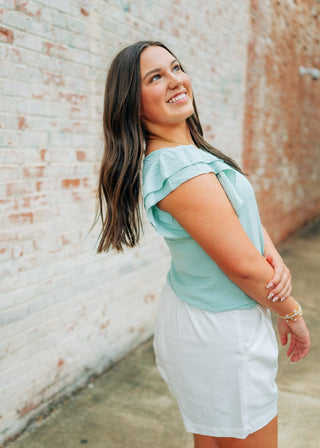 Sage Green Ruffle Short Sleeve Blouse
