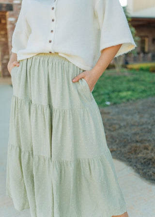 Sage Polka Dot Tiered Midi Skirt | Select Trends Boutique