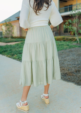 Sage Polka Dot Tiered Midi Skirt | Select Trends Boutique
