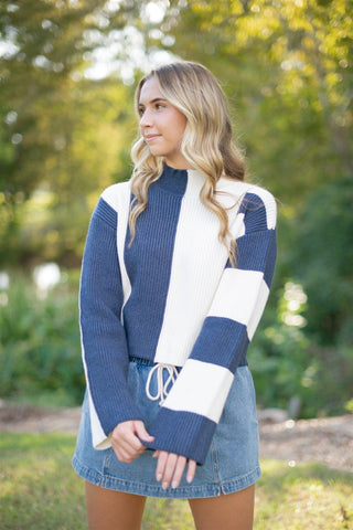 Navy Colorblock Mock Neck Sweater
