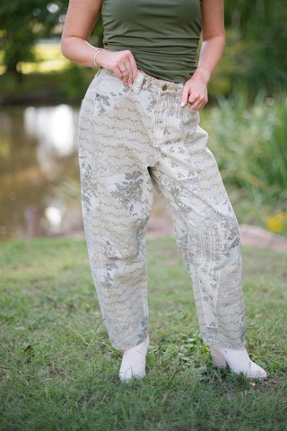 Cream Floral Print Barrel Jeans