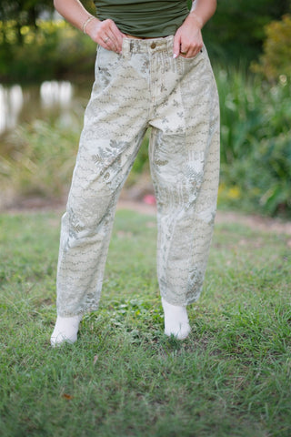 Cream Floral Print Barrel Jeans