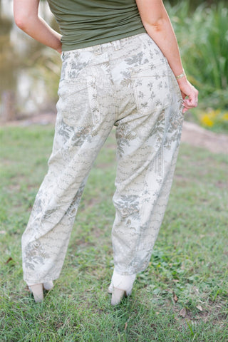 Cream Floral Print Barrel Jeans