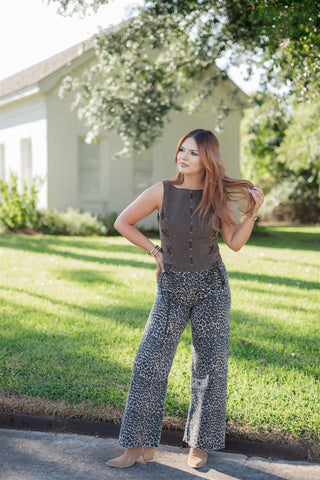 Brown Boat Neck Sleeveless Denim Top