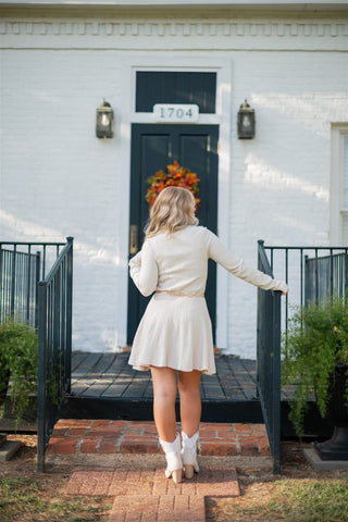 Beige Ribbed Pleated Sweater Dress