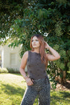 Brown Boat Neck Sleeveless Denim Top