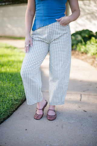 Olive Gingham Barrel Jeans