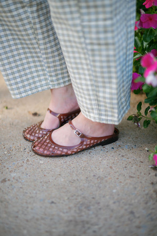 Brown Buckle Strap Jelly Flats
