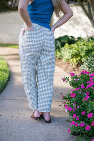 Olive Gingham Barrel Jeans