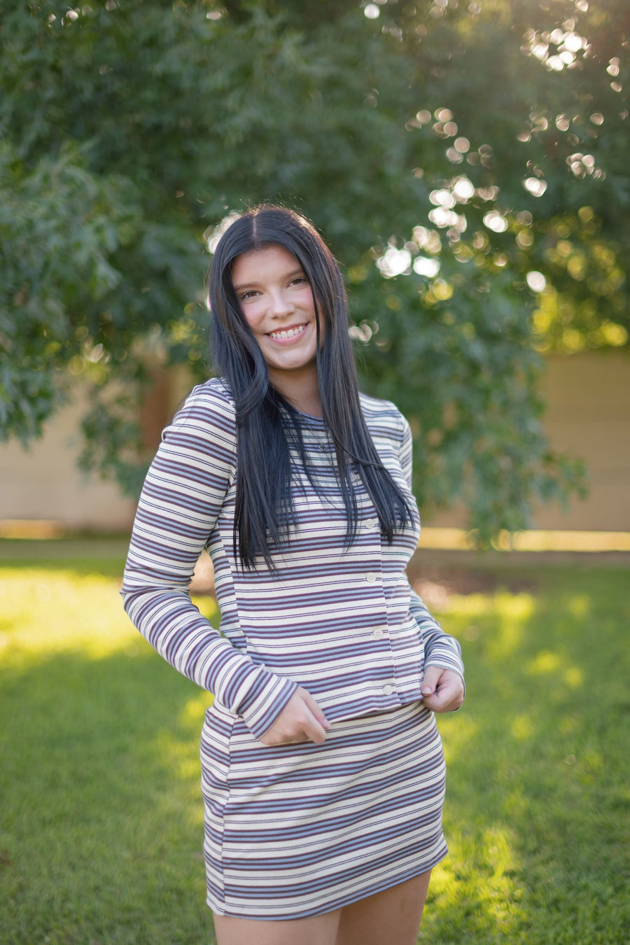 Blue Striped Top & Skort Knit Set