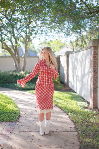 Red Plaid Set Midi Skirt
