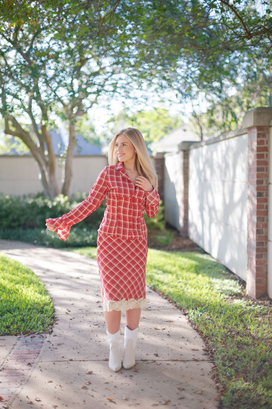 Red Plaid Set Midi Skirt