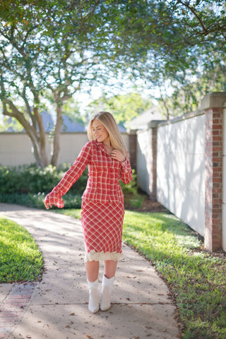 Red Plaid Set Collared Blouse